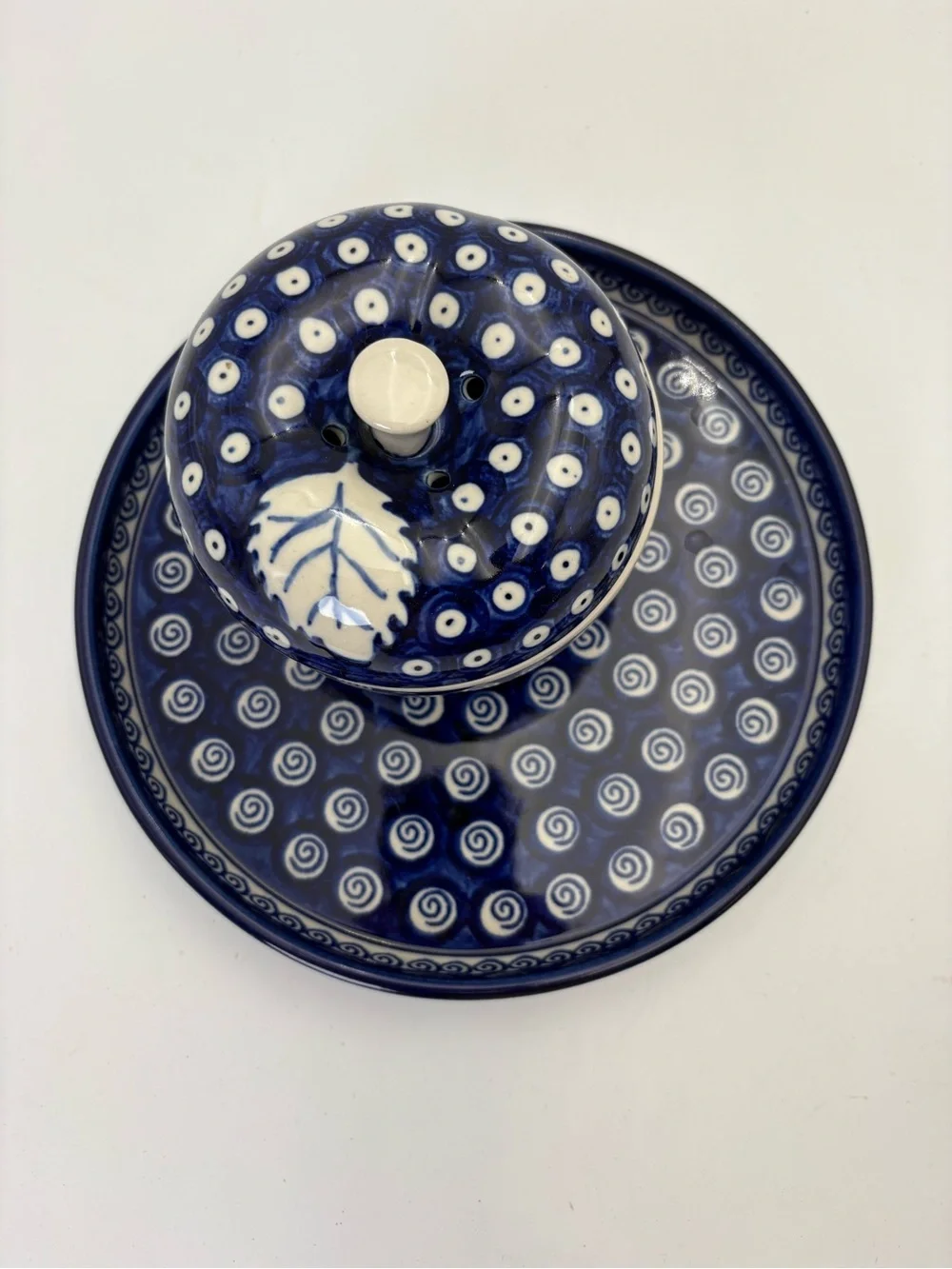 Vintage Polish Pottery Hand-Painted Ceramic Apple Baking Dish with Round Tray